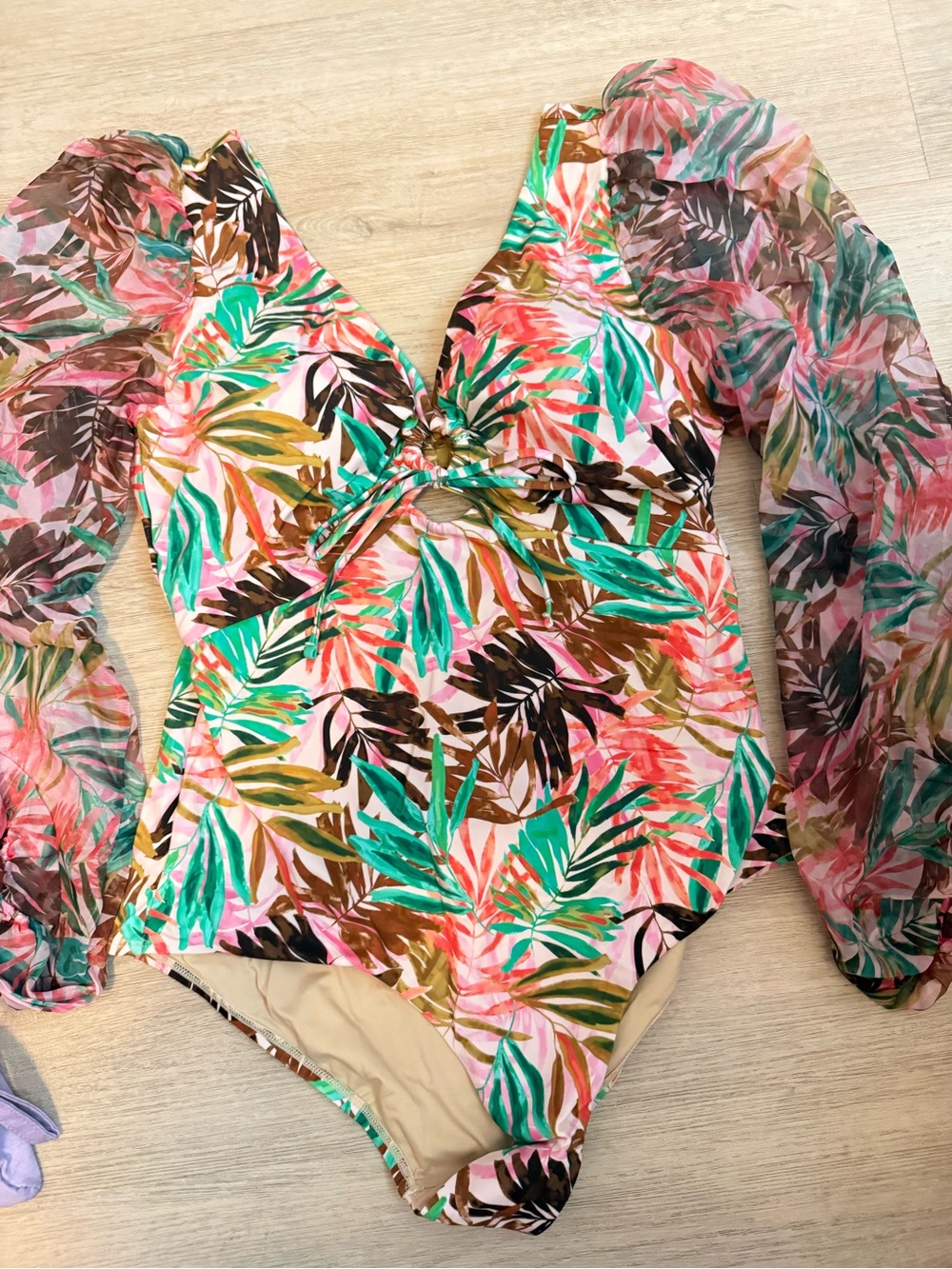 Tropical Leaf Print One-Piece Swimsuit with Sheer Long Sleeves